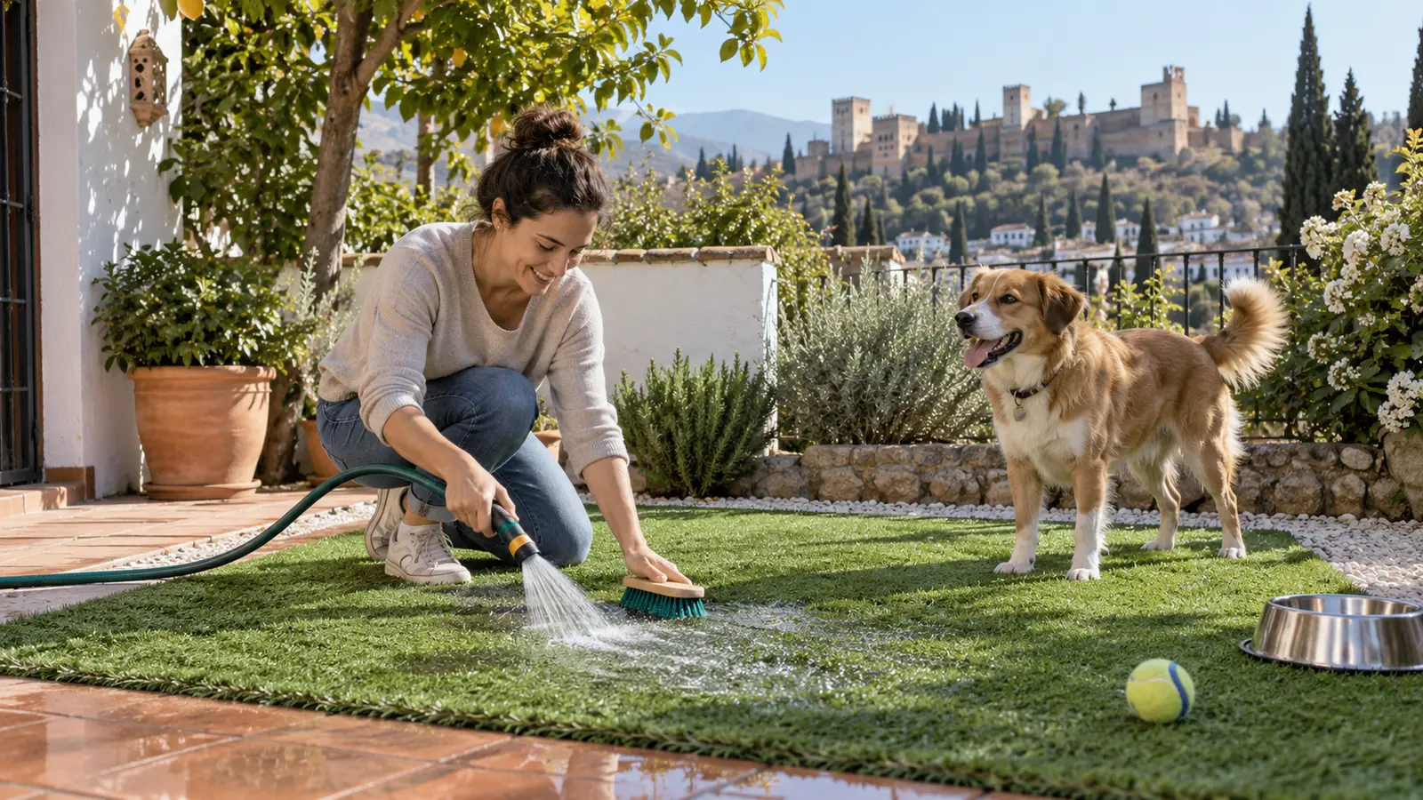 Césped artificial para perros: drenaje, limpieza y uso diario