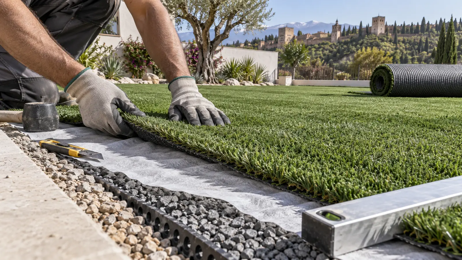 Zahorra, geotextil y compactación bajo el césped artificial